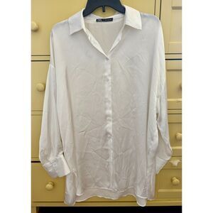 Zara Women’s Large White Satin‎ Effect Oversized Long Sleeve Button Down Shirt